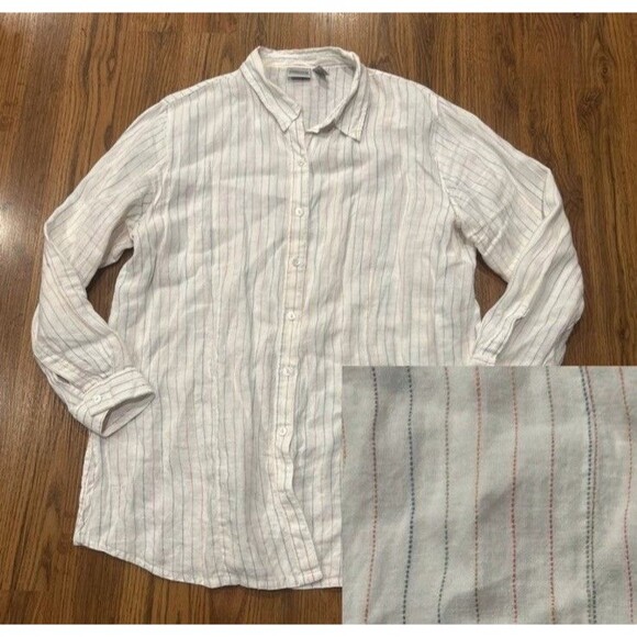Chico's Tunic Top Women's XL (3) Striped 100% Linen Blouse Button Up Shirt - Picture 1 of 9